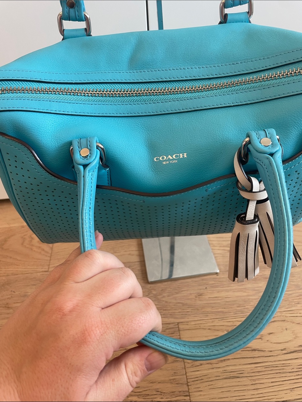 Coach Turquoise Leather Satchel Perforated Tassel Boston Bag Top Handle - Picture 3 of 14
